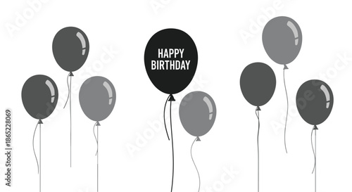 Minimalist birthday background featuring dark gray and black balloons with one balloon displaying the text happy birthday in white.