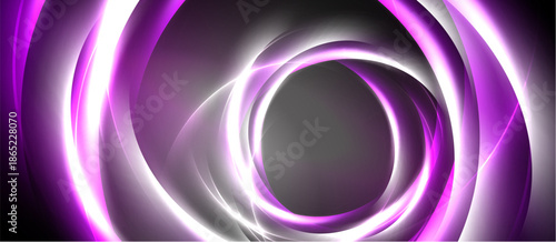 Abstract swirls, vibrant purple hues, glowing lines create dynamic circular pattern. Dark background emphasizes luminosity.