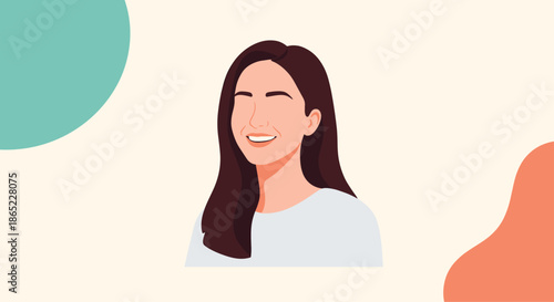 Portrait illustration of a happy young woman with long brown hair smiling widely against an abstract background with soft color shapes.