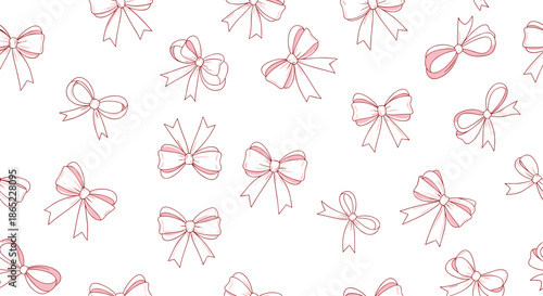 Delicate seamless pattern of pink line art bows and ribbons of different styles and sizes scattered over a clean white background.