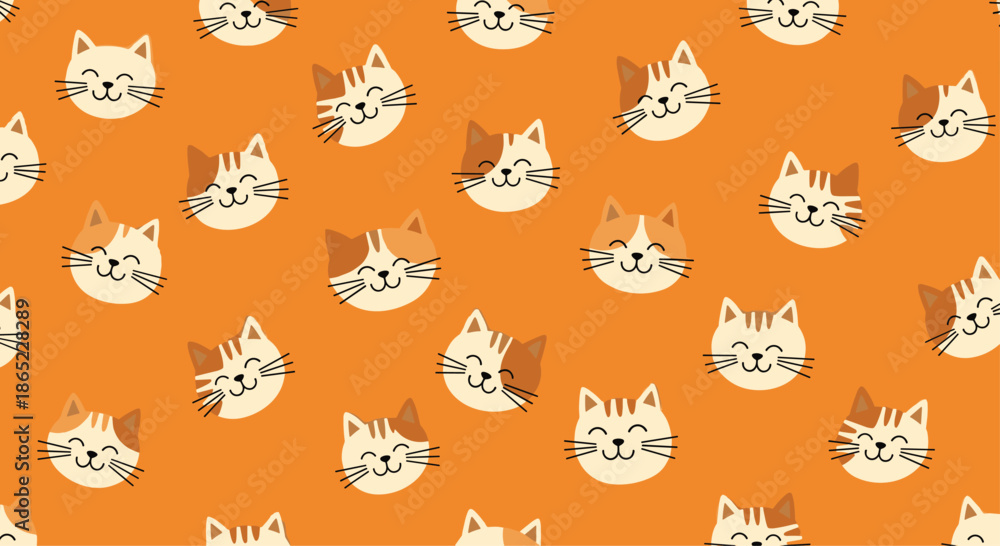 Fototapeta premium Cheerful repeating pattern of various cute smiling cat faces on a solid orange background for fabric or wallpaper decoration.