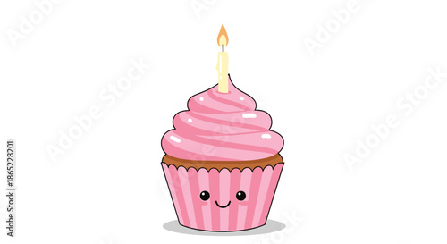 Adorable pink frosted cupcake with a smiling face and a lit candle isolated on a white background for birthdays and celebrations.