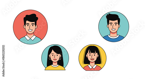 Four diverse male and female character icons in colorful circles including different hairstyles and outfits on a white background.
