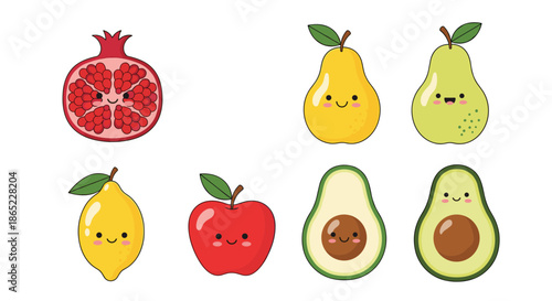 Collection of cute fruit characters including pomegranate, pear, lemon, apple, and avocado with smiling faces on a white background.