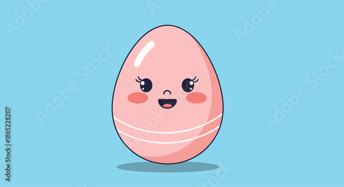 Cute pink Easter egg character with a smiling face and white stripes set against a solid blue background for festive holiday designs.