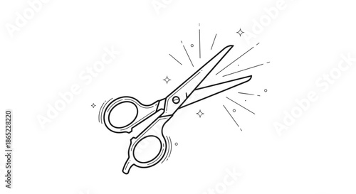 Hand-drawn line art of a pair of scissors surrounded by sparkles and lines representing cutting, fashion, or a fresh haircut concept.