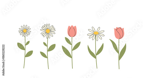 Row of five simple hand-drawn flowers including daisies and tulips with green leaves and stems isolated on a white background.