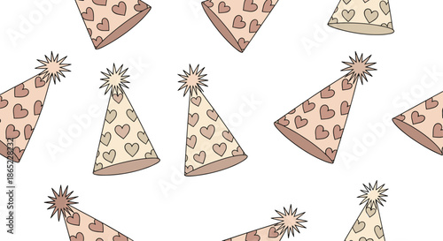Cute seamless pattern of beige party hats decorated with various pink hearts on a white background for romantic celebrations.