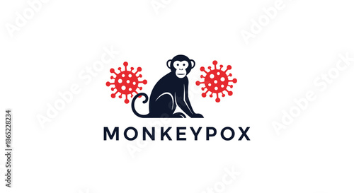 Monkeypox awareness graphic featuring a black monkey silhouette flanked by two red virus icons on a plain white background.