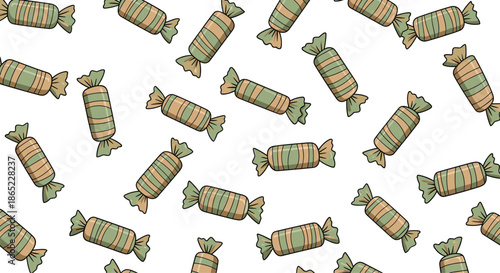 Fun seamless pattern of numerous wrapped candies in green and brown stripes scattered on a clean white background for sweet designs.