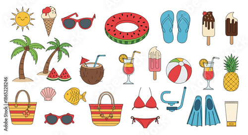 Large set of colorful summer and beach themed icons including palm trees, ice cream, sunglasses, swimsuit, and tropical fruits.