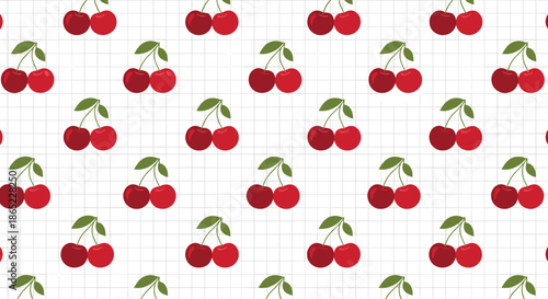 Minimalist seamless pattern of twin red cherries with green leaves over a light gray grid background for kitchen and food design.