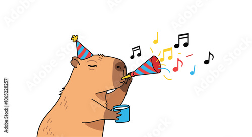 Funny capybara wearing a party hat, holding a mug, and blowing a colorful party horn with music notes on a white background.