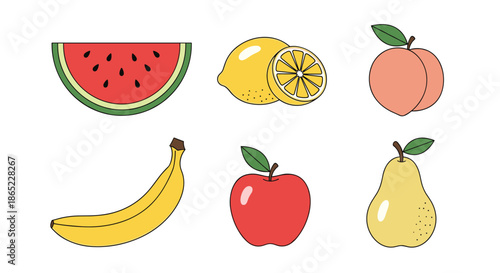Colorful hand drawn set of six different healthy fruits including watermelon apple banana pear peach and lemon illustrations.