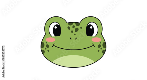 Adorable green frog face illustration with large black eyes pink cheeks and a friendly smile on white background for kids.