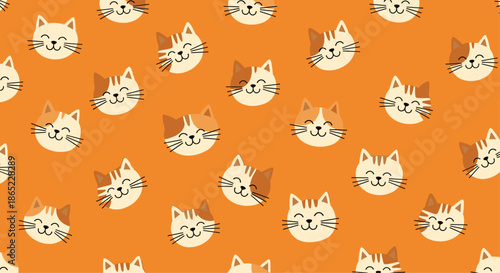 Cheerful repeating pattern of various cute smiling cat faces on a solid orange background for fabric or wallpaper decoration.