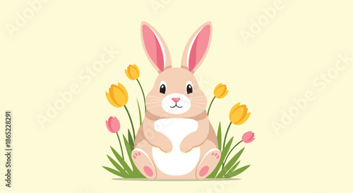 Adorable light brown bunny sitting in a field of yellow and pink tulips against a soft pale yellow background for spring.