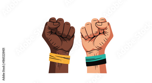 Diverse hands of different skin tones raised as clenched fists in a symbolic gesture of unity and racial justice.