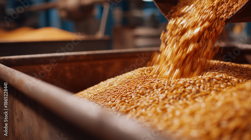 Wallpaper Mural Efficiency-driven food supply chain visual, golden grains filling a large metal hopper, smooth flowing motion, controlled industrial environment, sharp focus and realistic material Torontodigital.ca