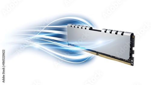 High speed RAM memory module with abstract blue light trails showing fast data flow for AI computing isolated on white background.

