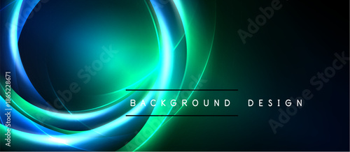 Abstract neon lights create dynamic curves, vibrant teal, green hues. Dark background emphasizes glowing lines, modern design element.