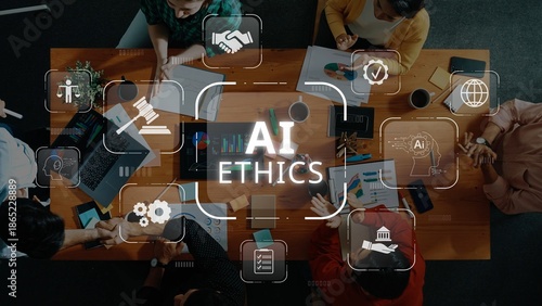 Φωτογραφία A diverse group in a modern workspace engages in discussions on AI ethics, highlighting the importance of technology, responsibility, and collaborative thinking