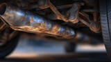 Automotive repair concept image, corroded exhaust pipe running along the undercarriage of an old vehicle, suspension arms and brackets visible, subdued lighting