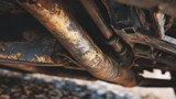 Automotive repair concept image, corroded exhaust pipe running along the undercarriage of an old vehicle, suspension arms and brackets visible, subdued lighting