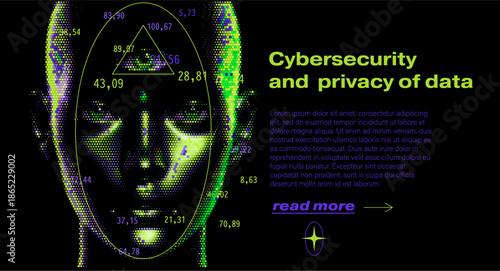 Neon-glitched vector portrait of a human face in dotted pixel style and floating numerical data points on a dark background. Conceptual vector illustration for cybersecurity, data privacy, biometrics.