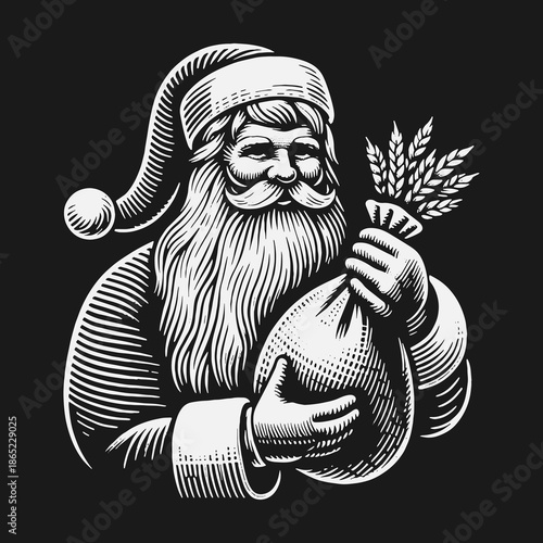 Vintage black and white Santa Claus holding a sack and wheat stalks.