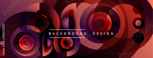 Abstract circles overlap, creating dynamic visual effect. Red, purple hues dominate composition. Modern design element.