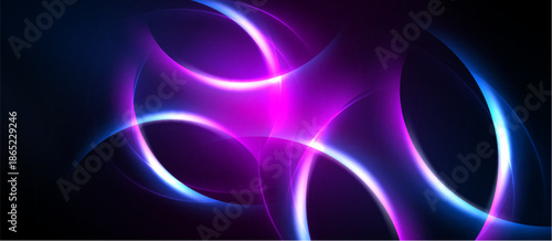 Abstract design features vibrant curves, glowing lines. Dark background enhances bright pink, blue hues. Dynamic composition creates energy.