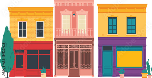 Colorful illustrated row of three urban storefront buildings with unique architecture, ideal for cityscape and retail design projects.