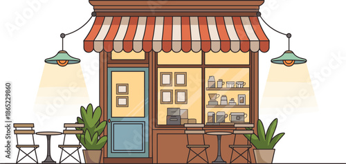 Cozy illustrated coffee shop storefront with striped awning, outdoor seating, and detailed window display of coffee accessories and decor.