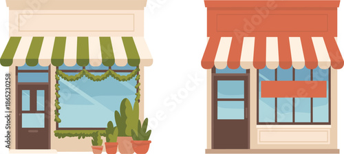 decorated plant shop with striped awning and formal red shop with blank signboard, ideal for retail design.