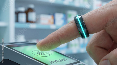 Wallpaper Mural Smart wearable ring authorizes contactless payment with biometric approval, futuristic convenience and confident emotion in pharmacy checkout Torontodigital.ca
