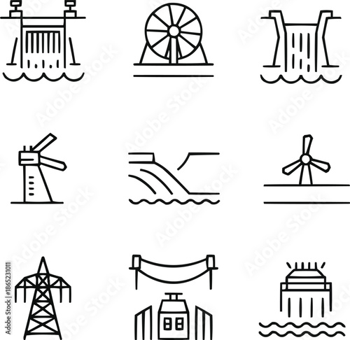 Hydropower Energy Icons Set  Dams, Turbines, and Water Flow Symbols