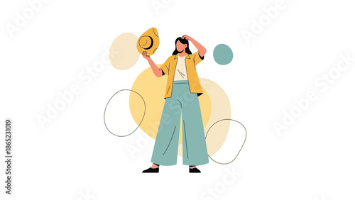 Woman Fanning Herself with Hat on Hot Summer Day, Abstract Shapes