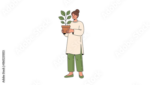 Woman holding a potted plant, illustration of growth, nature, and eco-friendly lifestyle