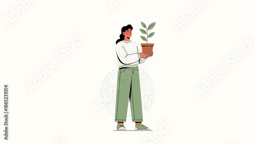Woman holding a potted plant, symbolizing growth, sustainability, and green living.