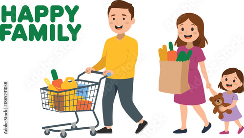 Happy family grocery shopping together with cart and bags, ideal for lifestyle, parenting, and healthy living illustration projects.