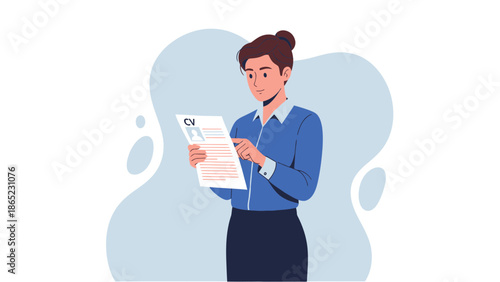 Woman holding and reviewing a CV document, job application and career concept
