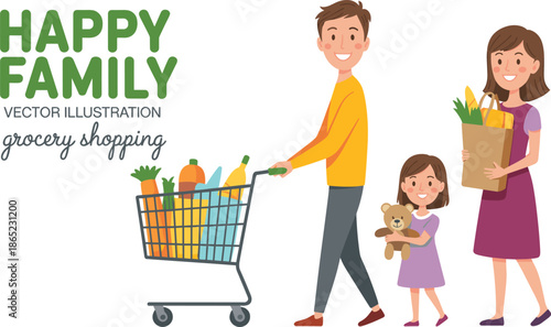 Happy family grocery shopping with cart and bags, ideal for lifestyle, parenting, and healthy living illustration projects.