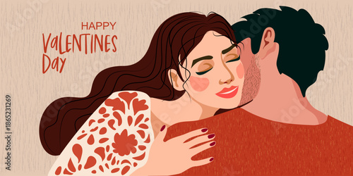 Happy romantic couple relationship. Love story. Valentines Day cute greeting card or poster.