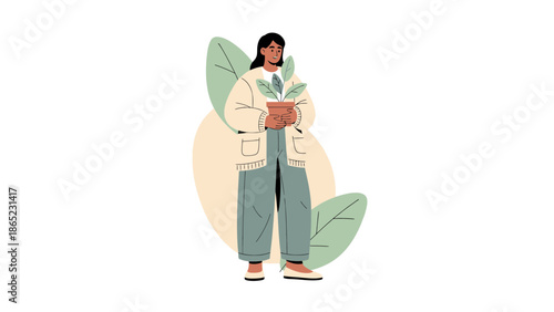 Woman Holding Potted Plant, Green Leaves Background, Eco Lifestyle Illustration