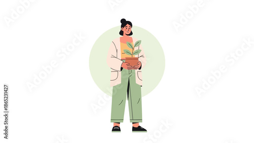 Woman Holding Potted Plant, Green Lifestyle, Eco-Friendly Concept, Flat Illustration