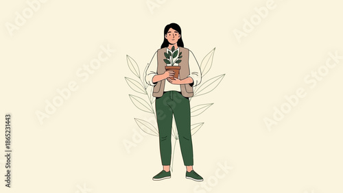 Woman Holding Potted Plant, Greenery Background, Gardening Concept Illustration
