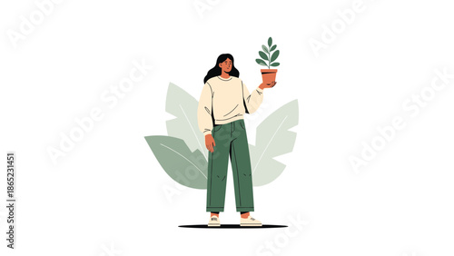 Woman Holding Potted Plant, Greenery Background, Sustainable Lifestyle Concept