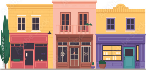 Illustrated row of three colorful urban storefronts with unique architecture, ideal for retail, cityscape, and design projects.