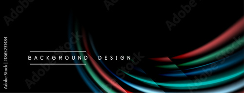 Abstract dynamic lines create modern background. Bright colors contrast dark space, forming sleek design element.